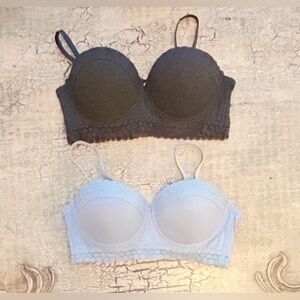 Lace Heather charcoal and sky blue ribbed jersey bra set.NWOT